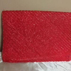 Vintage 60s Vibrant Pink Woven Straw Envelope Clutch Bag - Made in Hong Kong